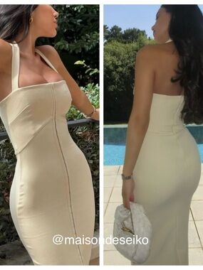 House of CB Maxi Dress Mia Ecru Halter Butter Yellow Beige size L